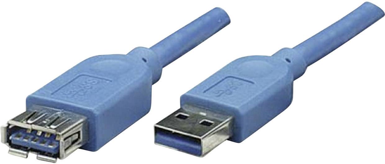 Zwei blaue USB 3.0-Kabelstecker, einer mit A-Stecker und der andere mit A-Buchse, liegen nebeneinander auf weißem Hintergrund.