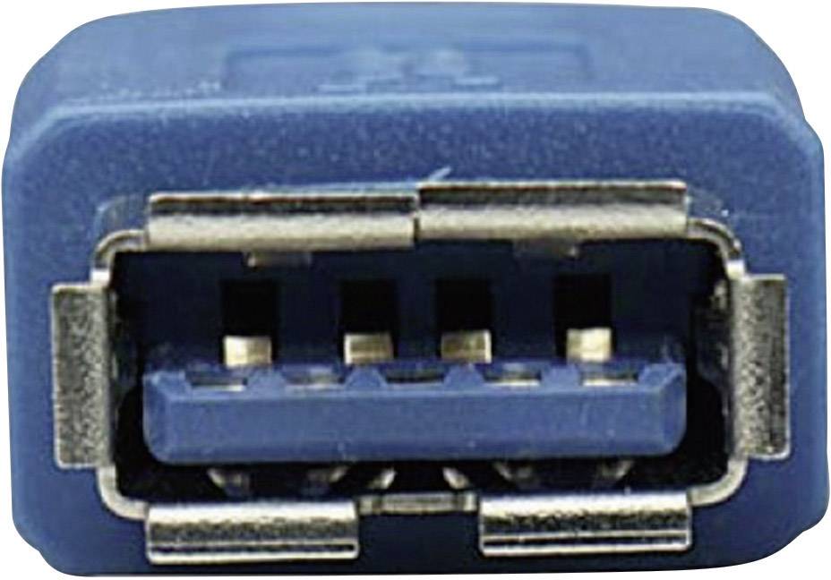 Ein blauer USB 3.0-Anschluss, charakterisiert durch seine rechteckige Form und zusätzliche Pins zur schnelleren Datenübertragung.