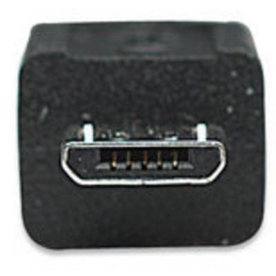 Nahaufnahme eines Mikro-USB-Anschlusses mit fünf sichtbaren Pins. Der Stecker ist schwarz und rechteckig.