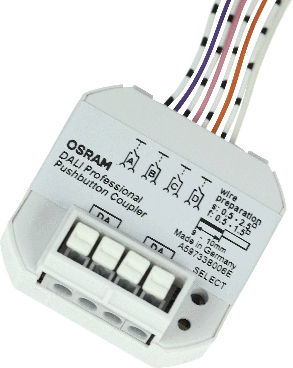 Ein grauer DALI Professional Pushbutton-Koppler mit mehreren Drähten, hergestellt in Deutschland, trägt die Aufschrift 'OSRAM'.