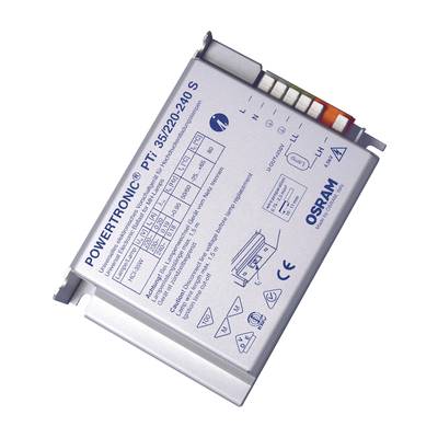 Ein elektronisches Vorschaltgerät von OSRAM, Modell 'POWERTRONIC PTi 35/220-240 S', mit technischen Spezifikationen und Anschlüssen.