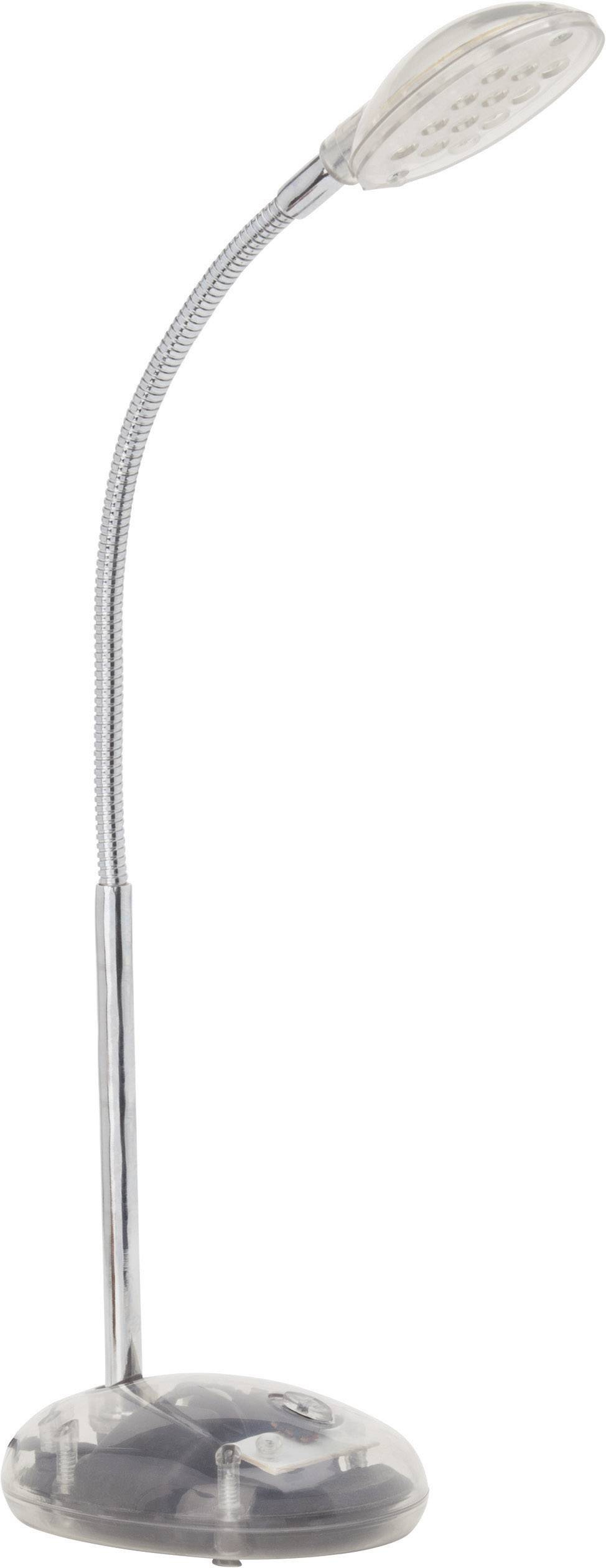 Eine flexible, silberne Leselampe mit rundem Fuß und schwenkbarem, gebogenem Arm.