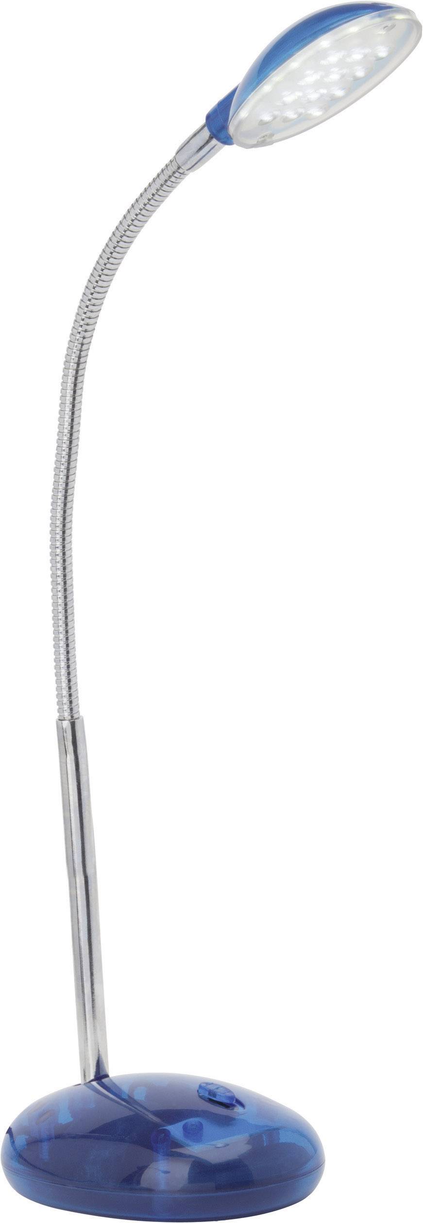 Blaue LED-Tischleuchte mit flexiblem Hals und rundem Sockel. Geeignet für präzise Beleuchtung auf Schreibtischen oder Arbeitsflächen.