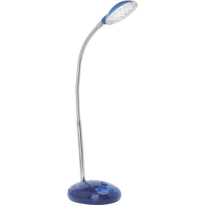 Blaue LED-Tischleuchte mit flexiblem Hals und rundem Sockel. Geeignet für präzise Beleuchtung auf Schreibtischen oder Arbeitsflächen.