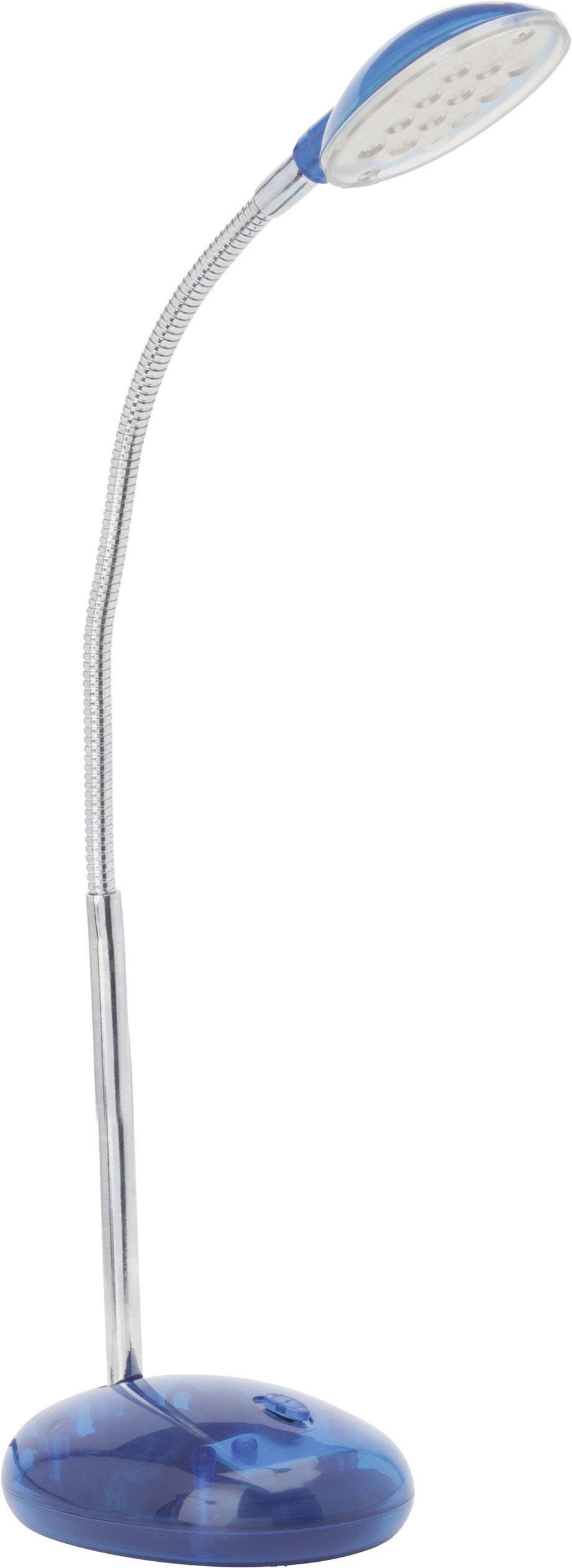 Blaue flexible LED-Lampe mit gebogenem, silbernem Hals und rundem, blauem Sockel.