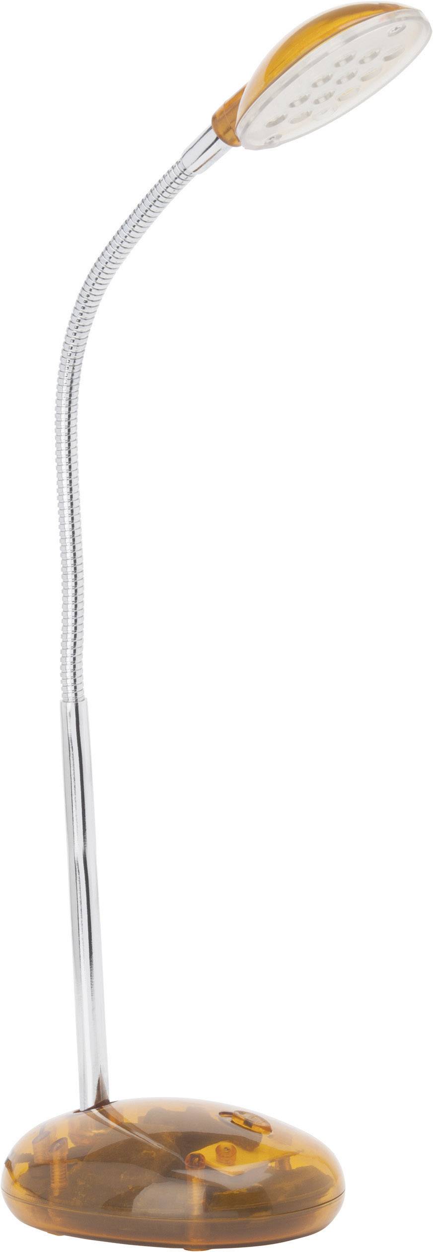 Orangefarbene LED-Schreibtischlampe mit flexiblem Hals und kompaktem Design, geeignet für fokussiertes Licht beim Lesen oder Arbeiten.