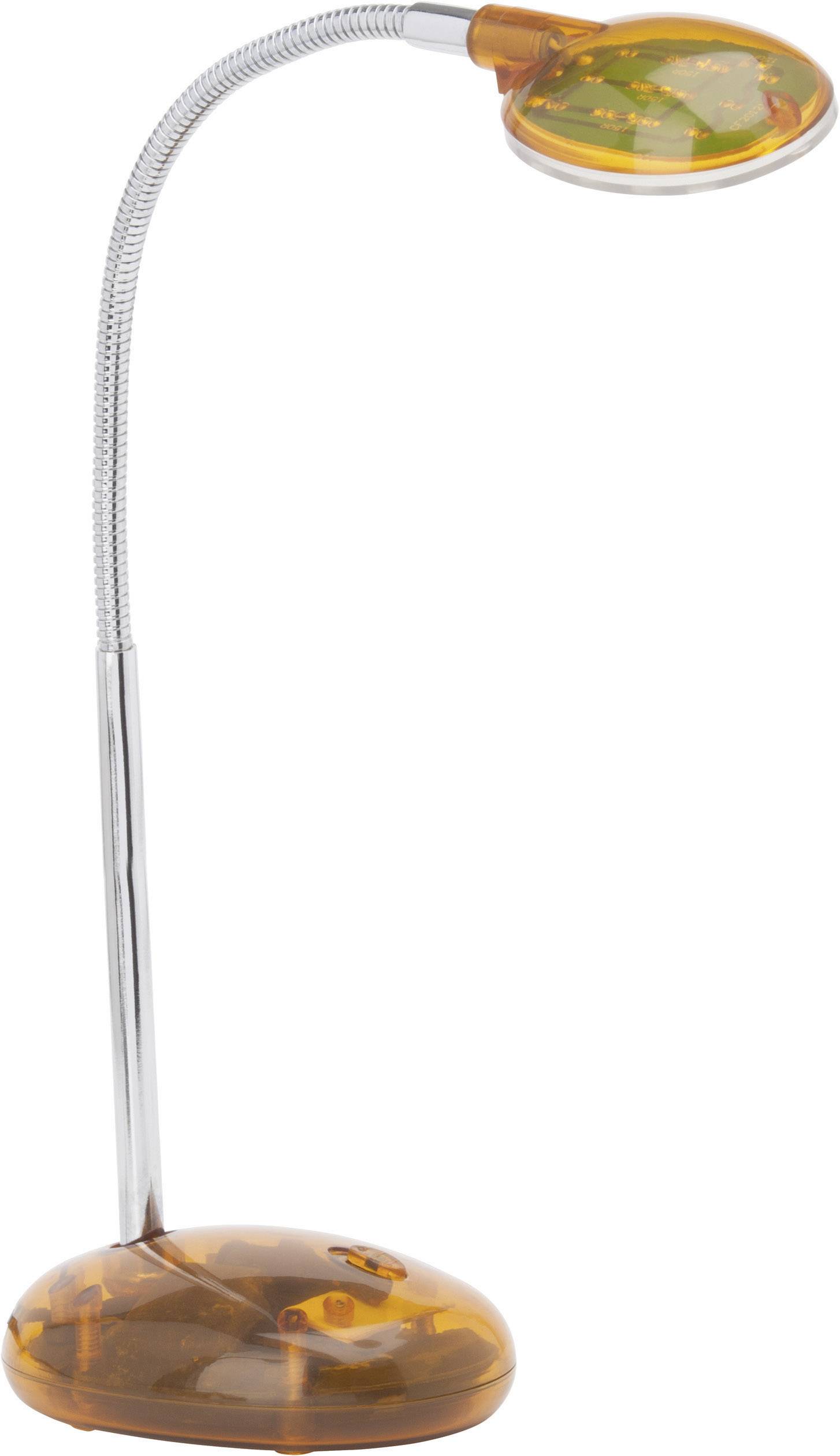 Orangefarbene Schreibtischlampe mit biegsamem Hals und klarem Lampenschirm.