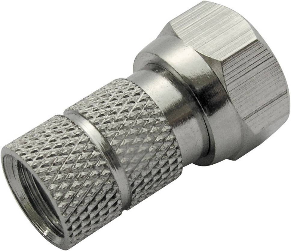 Ein silberner Koaxialstecker, typischerweise zur Verbindung von Kabelanschlüssen in der Fernsehtechnik genutzt.