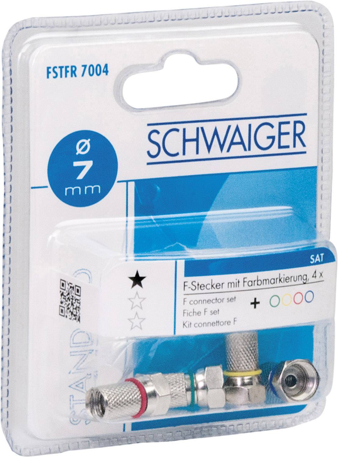 'F-Stecker mit Farbmarkierung, 4x' Verpackung, zeigt vier F-Stecker für Koaxialkabel, farbcodierte Ringe zur einfachen Identifikation.