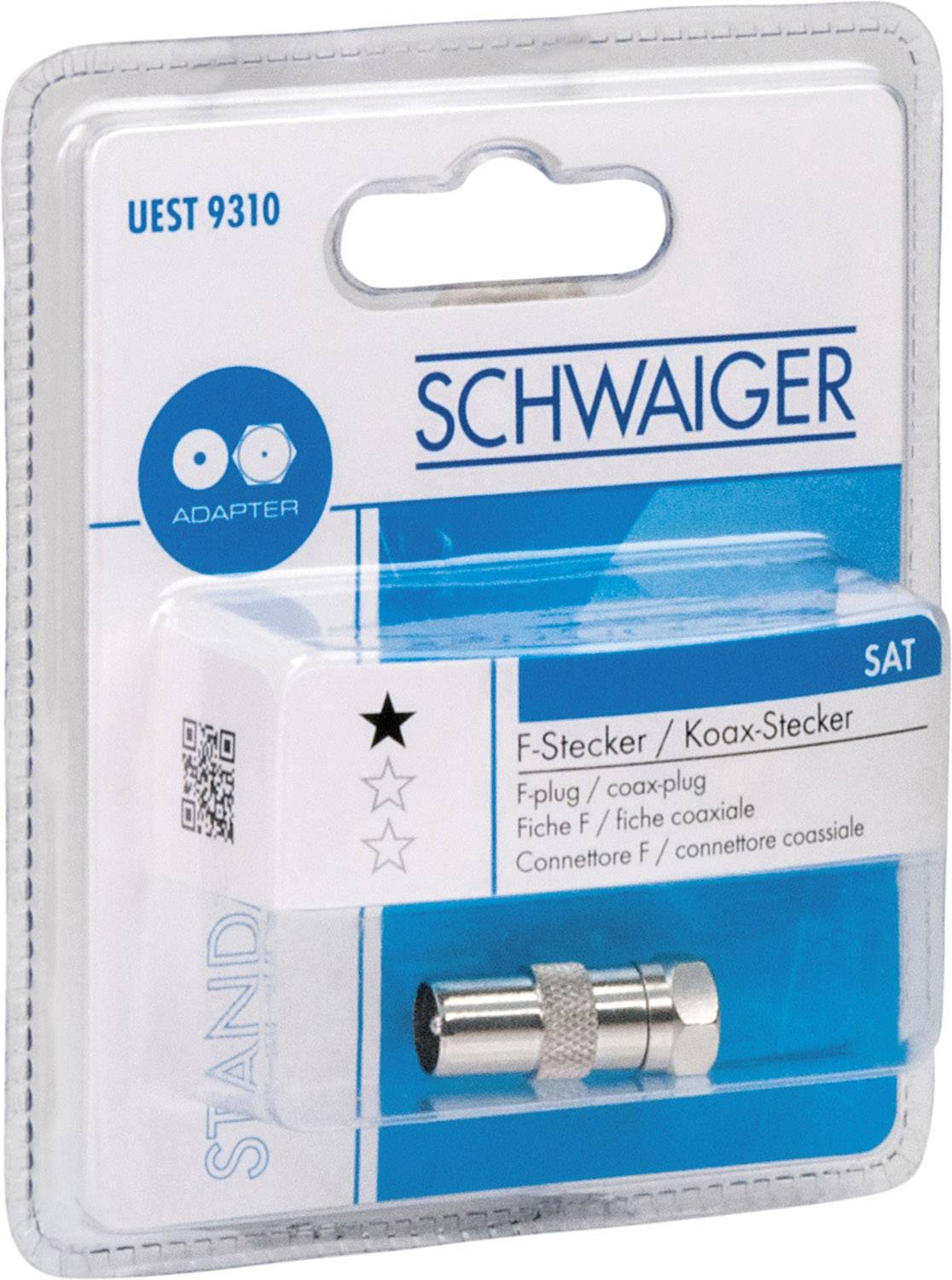 'Schwaiger F-Stecker/Koax-Stecker Adapter UEST 9310' in Plastikverpackung. Zum Anschluss von Koaxialkabeln geeignet.