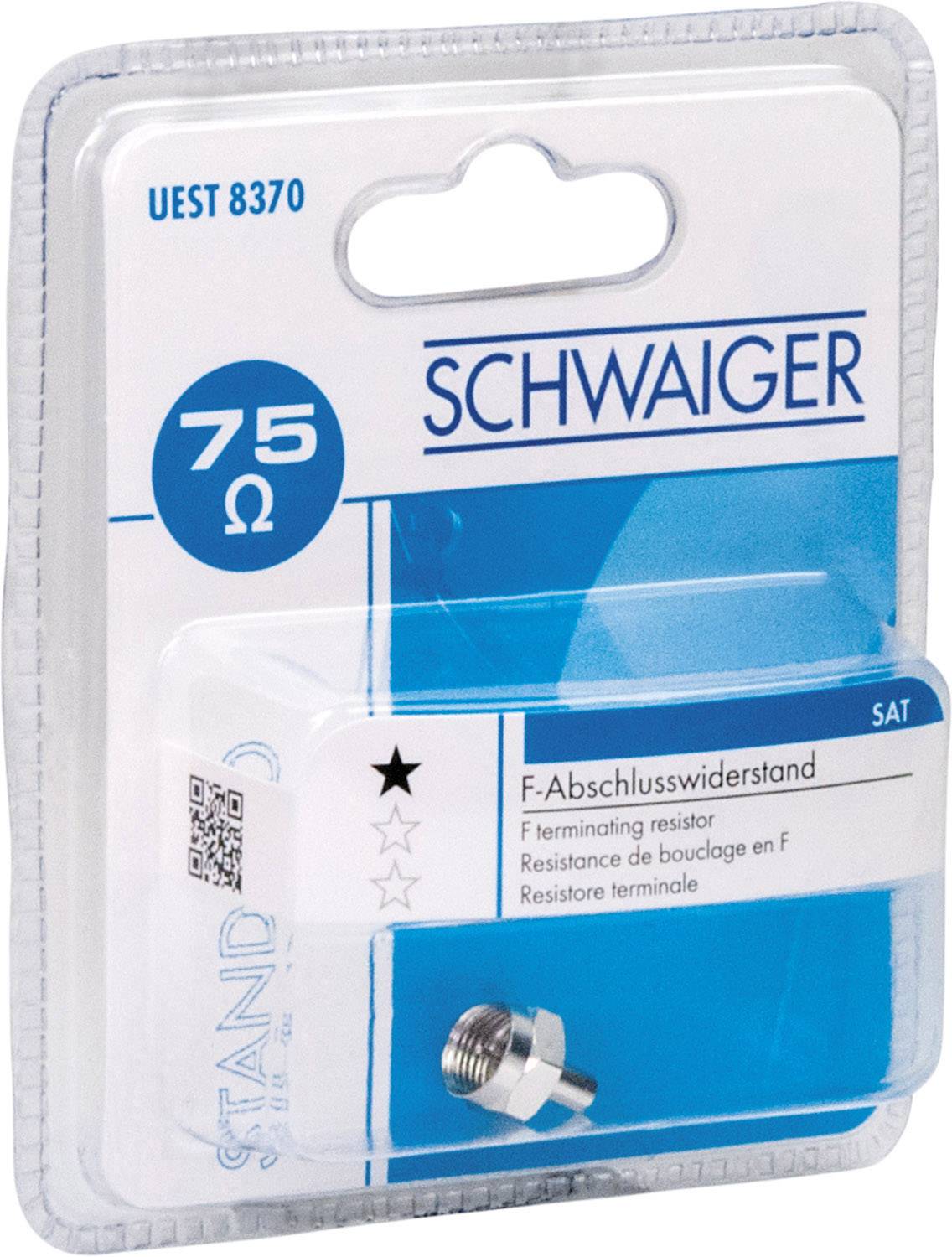 Verpackung eines Schwaiger F-Abschlusswiderstands mit 75 Ohm. Klarer Kunststoff mit blauer Karte und Produktinformationen.