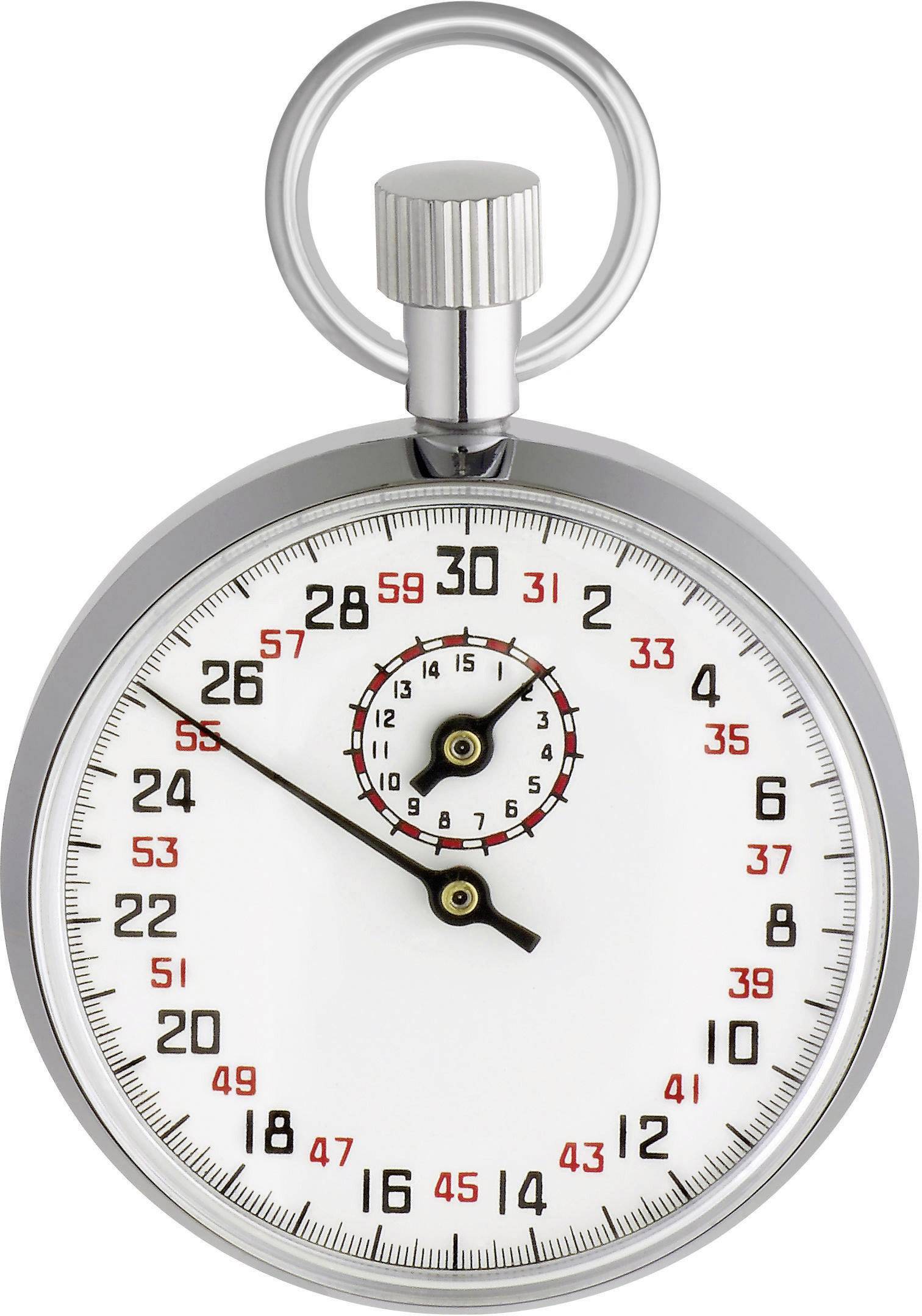 Stoppuhr mit Sekunden- und Minutenskala. Großer Zeiger zeigt auf 14 Sekunden, kleiner Ziffernkreis in der Mitte für Minuten.