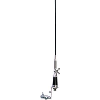 Schwarze, lange Funkantenne mit silbernem Metallsockel und Montagewinkel zur Befestigung an Fahrzeugen oder anderen Oberflächen.