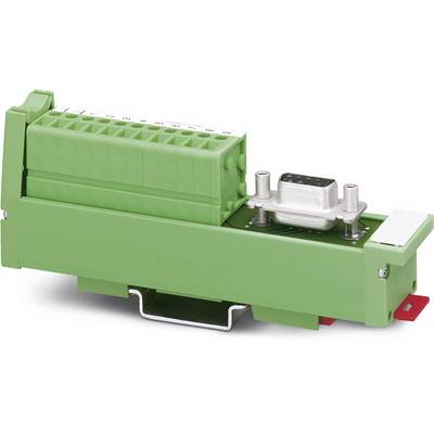 Grünes elektrisches Anschlussmodul mit mehreren Steckplätzen und einem silbernen Anschluss auf schwarzem Gehäuse.
