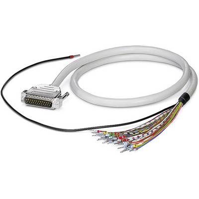 Ein graues Datenkabel mit einem 24-poligen Stecker an einem Ende und mehreren bunten Drähten am anderen Ende, die offen liegen.