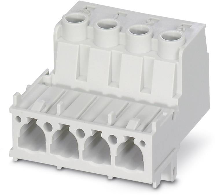 Ein weißer elektrischer Steckverbinder mit vier Steckplätzen, geeignet für industrielle Anwendungen, auf weißem Hintergrund gezeigt.