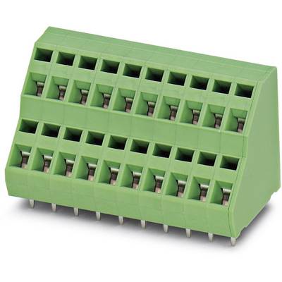 Grüner Klemmenblock mit drei Ebenen und mehreren Anschlussstellen.