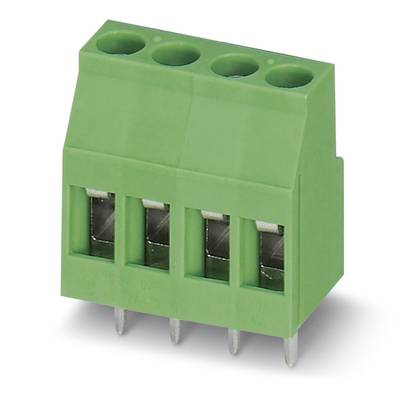 'Elektrischer Steckverbinder in Grün mit drei Steckplätzen und Metallstiften zum Anschließen von Kabeln an einer Leiterplatte.'