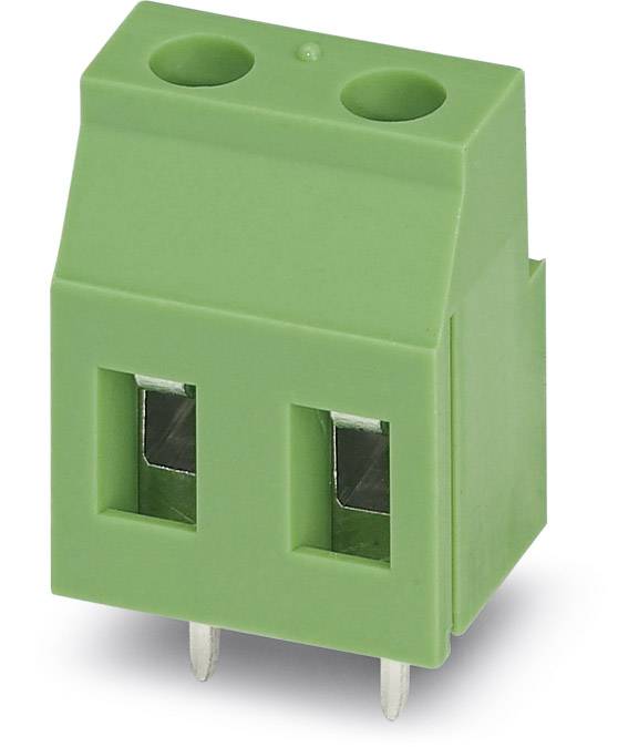 Grüner zweipoliger Schraubklemmenstecker mit Metallkontakten unten, zur Montage auf Leiterplatten.