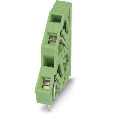 Grüner elektrischer Reihenklemmenblock mit drei Anschlussklemmen aus Metall, in einem schmalen, vertikalen Format.