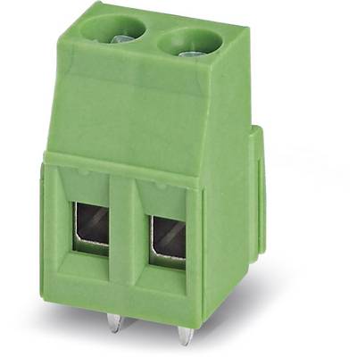 Grüner, zweipoliger Steckverbinder mit zwei Anschlüssen und Metallstiften, verwendet in elektrischen Schaltungen zur Verbindung von Kabeln.