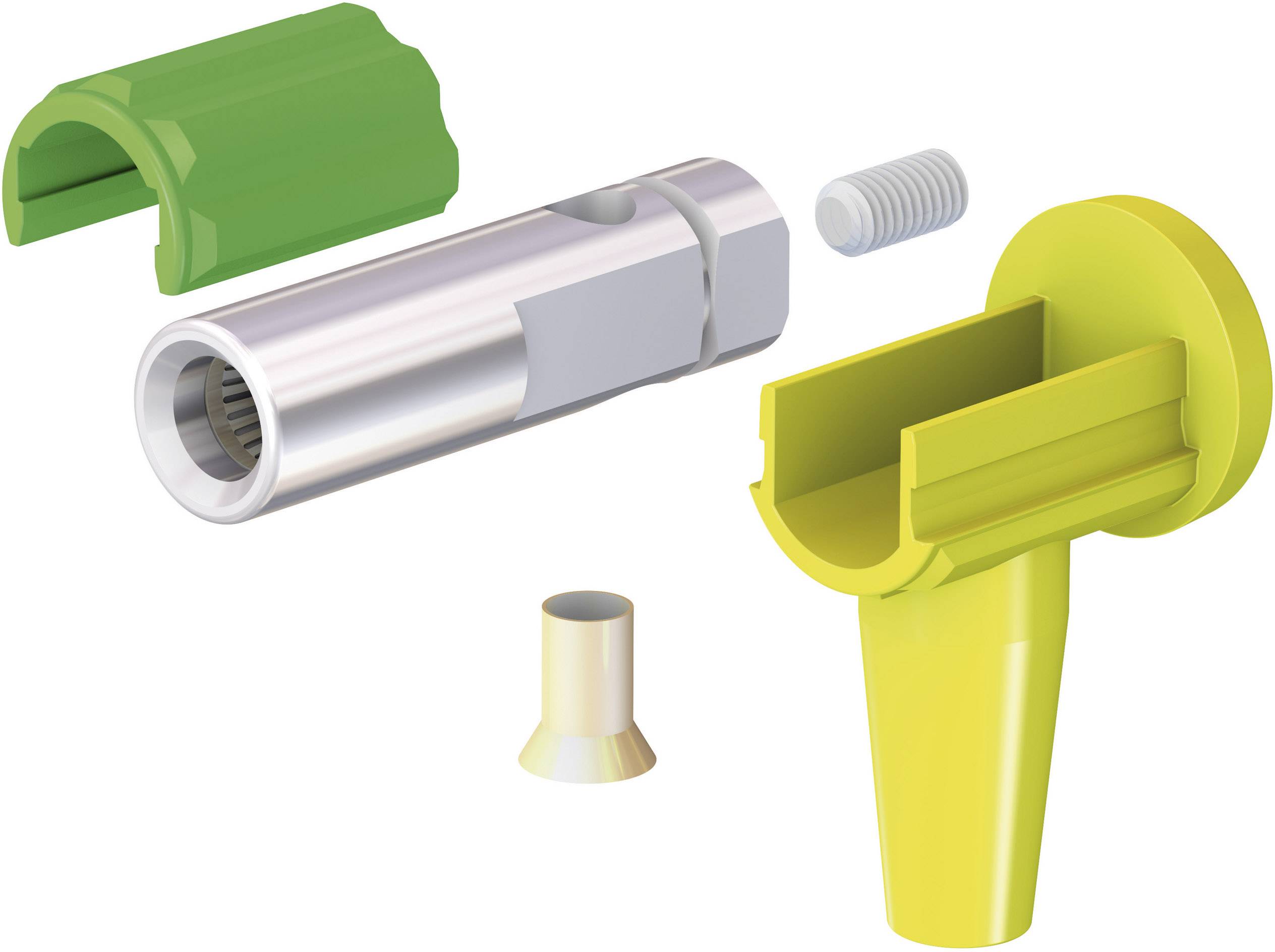 Mechanische Bauteile in verschiedenen Farben und Formen, die zusammengesetzt werden können. Hauptfarben sind Grün, Gelb und Silber.