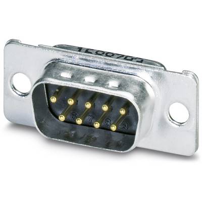 Ein silberner D-Sub-Stecker mit 9 runden, goldfarbenen Pins und zwei Befestigungslöchern links und rechts, in Nahaufnahme.