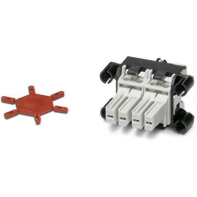 Ein rotes, sechseckiges Kunststoffteil neben einem weißen, modularen elektrischen Steckverbinder mit drei Anschlüssen und Clips.