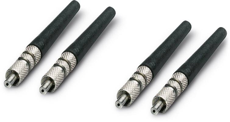 Vier Koaxialkabel mit schwarzen, isolierten Enden und silbernen Anschlüssen formen ein quadratisches Muster.