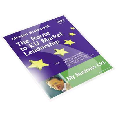 Das Bild zeigt eine Broschüre mit dem Titel 'Mission Statement: The Route to EU Market Leadership' von 'My Business Ltd.', mit drei goldenen Sternen.