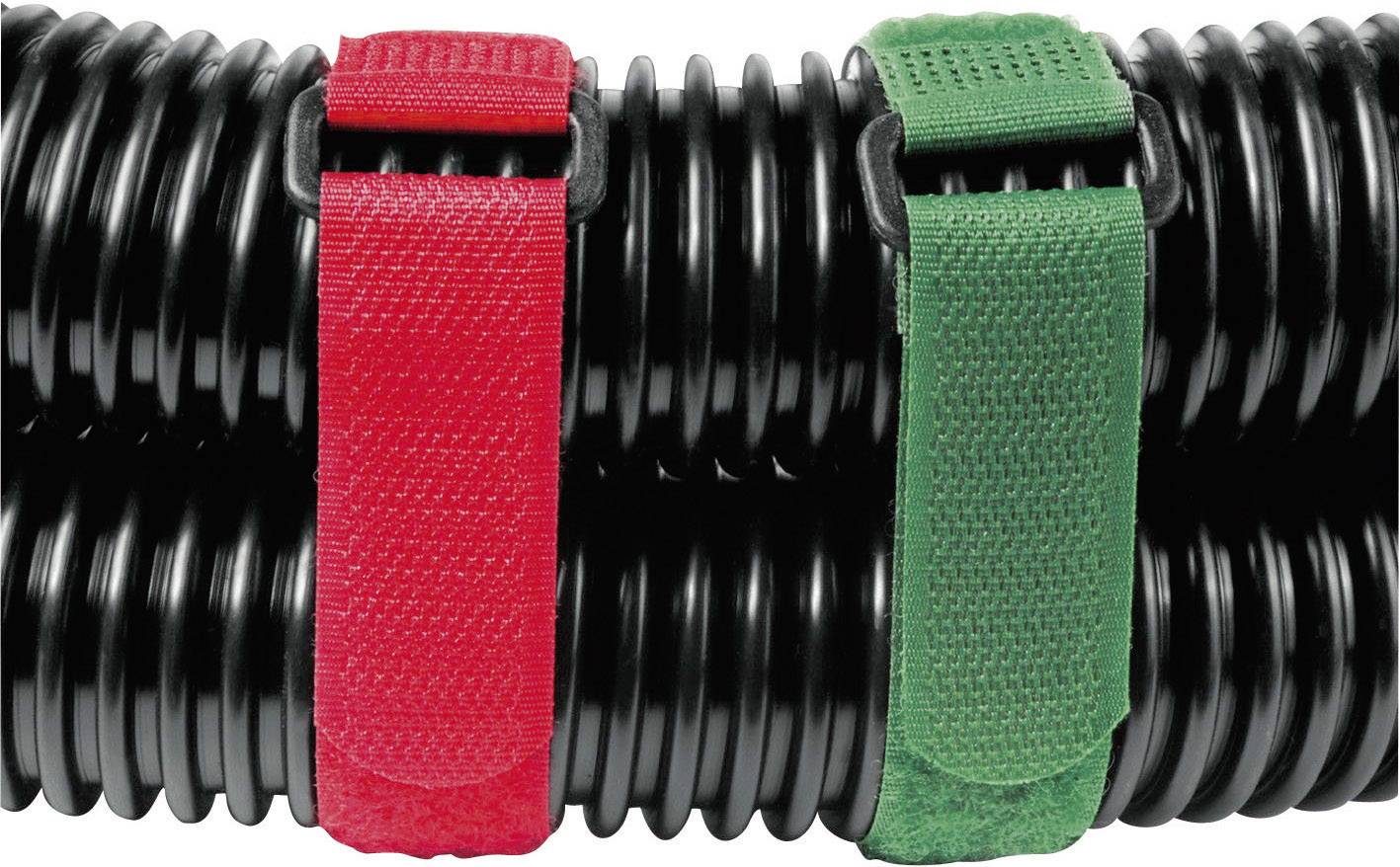 Zwei schwarze Spiralschläuche, gesichert mit rotem und grünem Klettband.
