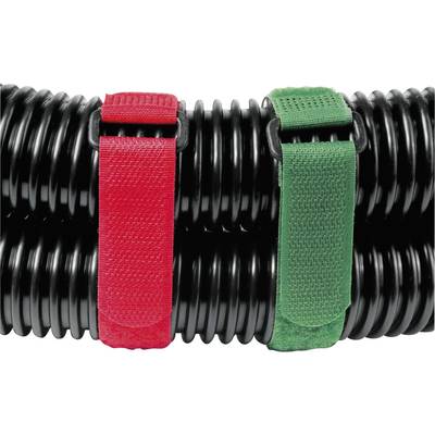 Zwei schwarze Spiralschläuche, gesichert mit rotem und grünem Klettband.