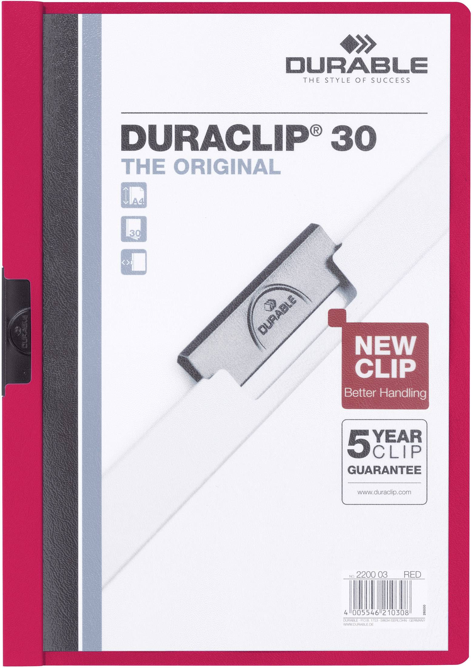 Durable Clip-Mappe in Rot mit grauem Clip. Text auf Mappe: 'Duraclip 30 The Original', '5 Year Clip Guarantee'. Enthält 30 Blatt.
