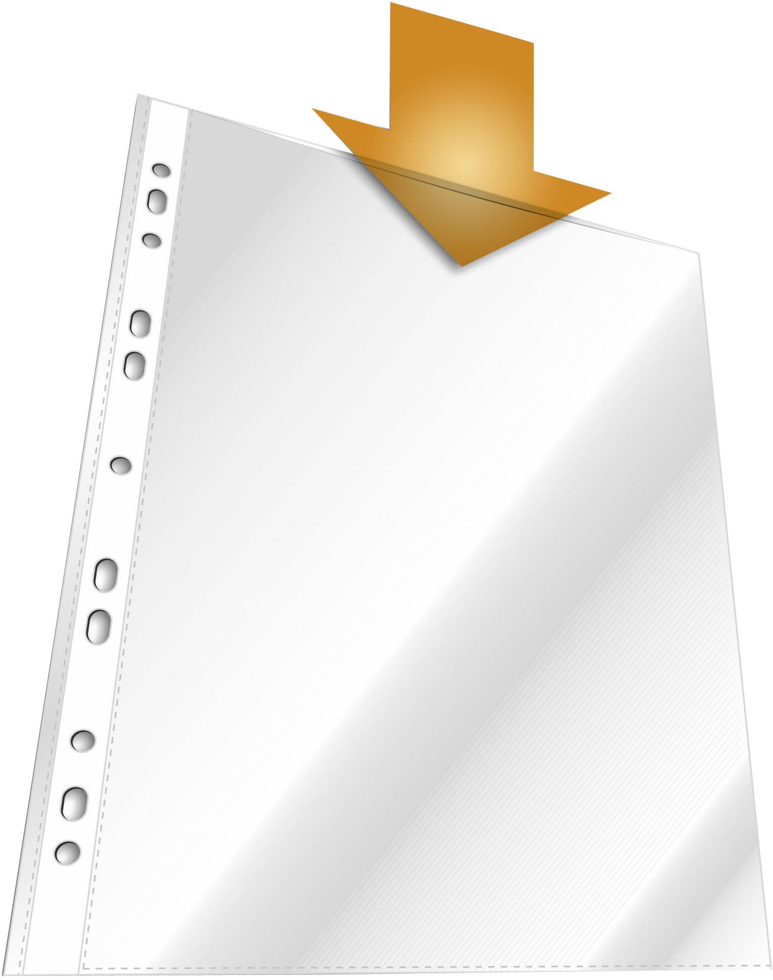 Ein transparentes Blatt Papier wird in eine Klarsichthülle eingeführt, die seitlich Lochungen zum Abheften aufweist.