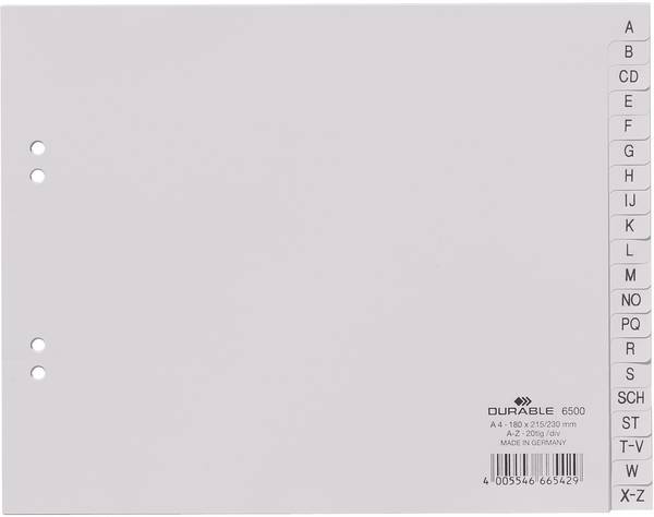 Durable 6500 Register DIN A4 A-Z Polypropylen Grau 20 Registerblätter geprägte Taben 650010