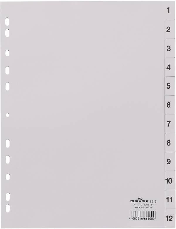 Durable 6512 Register DIN A4 1-12 Kunststoff Grau 12 Registerblätter geprägte Taben 651210
