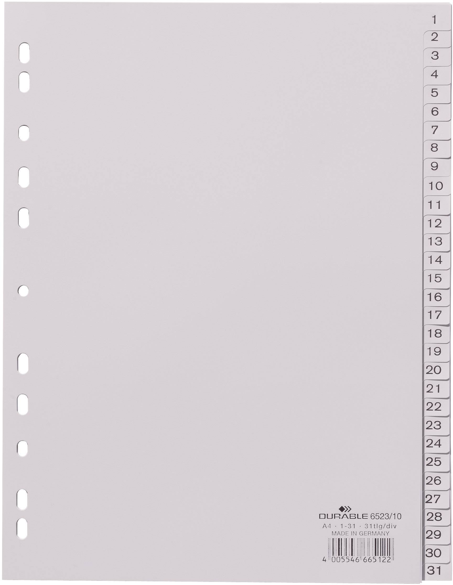 DURABLE Kunststoff-Register, Zahlen, A4, 31-teilig, 1 - 31 grau, Universallochung, volle Höhe, mit g