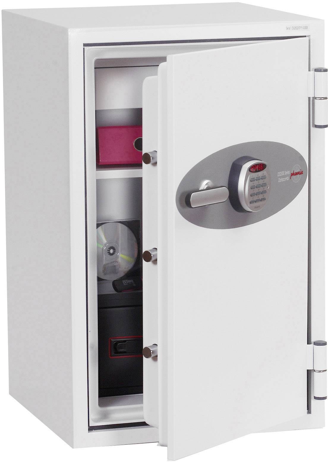 Weißer Tresor mit geöffneter Tür, zeigt Dokumente und CDs im Inneren; elektronisches Zahlenschloss an der Vorderseite.