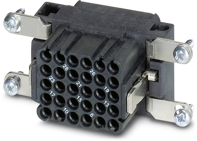 Ein schwarzes elektrisches Steckverbindergehäuse mit mehreren nummerierten Anschlussöffnungen und vier metallischen Befestigungswinkeln.