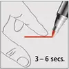 Eine Hand berührt mit einem Finger eine rote Linie, daneben berührt ein Stift ebenfalls die Linie. Text: '3 - 6 secs.'