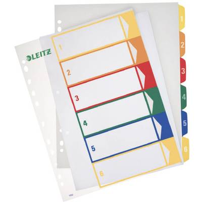 Register mit sechs farbigen Taben und weißen Schreibfeldern, nummeriert von eins bis sechs, aus Kunststoff. Rechtsbündig perforiert für Ordner.