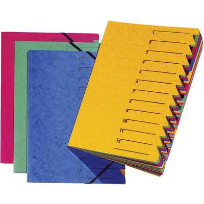 Mehrfarbiges Set von Aktenordnern, farblich sortiert. Im Vordergrund ein gelber Ordner, der nummerierte Register zeigt.