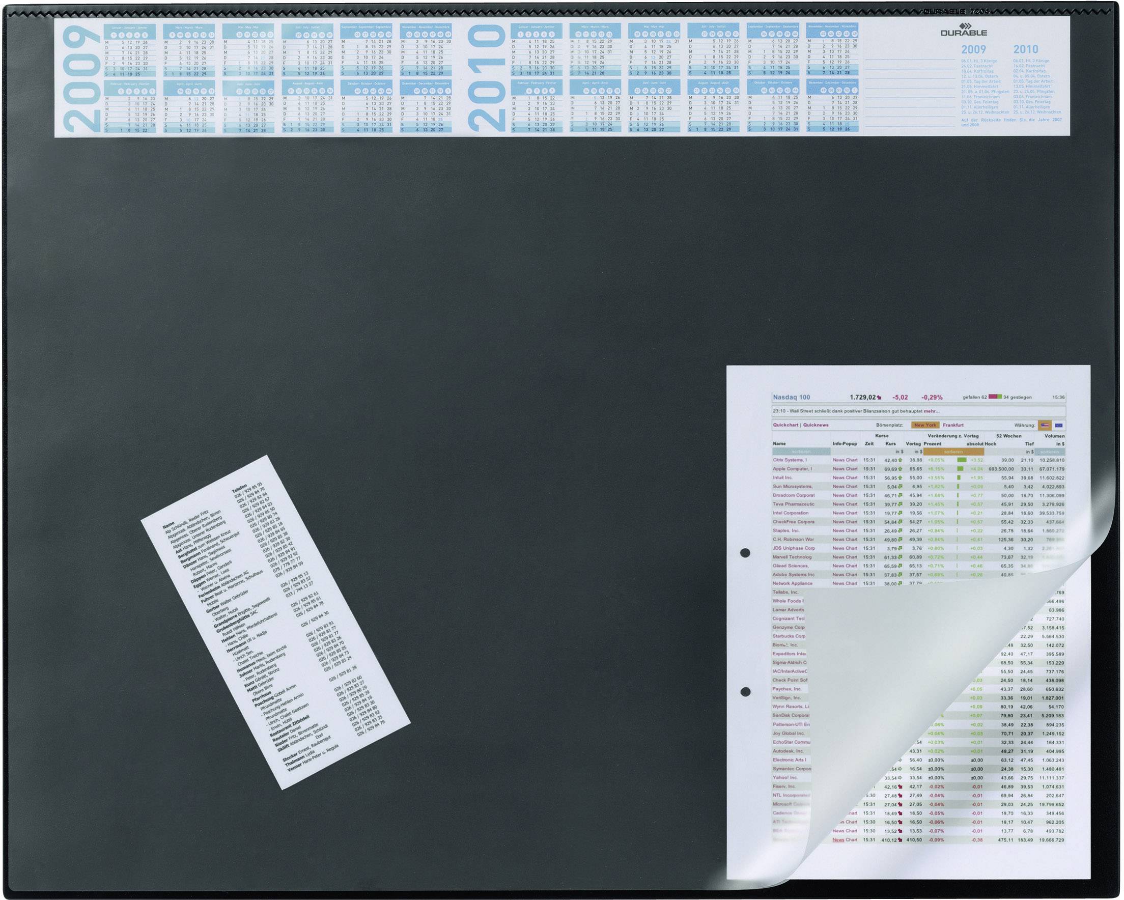 Ein schwarzer Tischkalender mit Kalenderblöcken für 2009 und 2010 oben, ein weißes Blatt mit Zahlen auf der linken Seite.