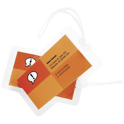 Zwei orangefarbene Gepäckanhänger mit weißen Sprechblasen-Symbolen und Kontaktangaben; durchsichtige Schlaufen zum Befestigen.