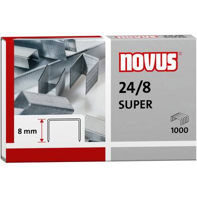 'Packung mit 1000 Novus 24/8 Super Heftklammern' zeigt die Klammern und ihre Maße von 8 mm.