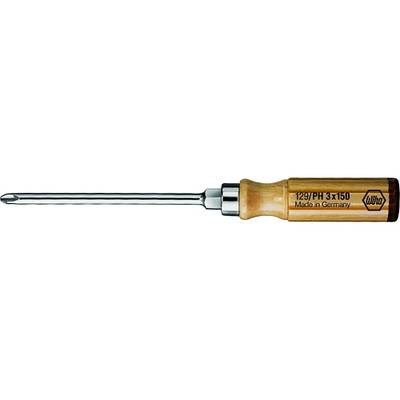 Ein Schraubendreher mit Holzgriff, der Griff ist mit der Aufschrift '129/PH 3x150 Made in Germany' bedruckt.