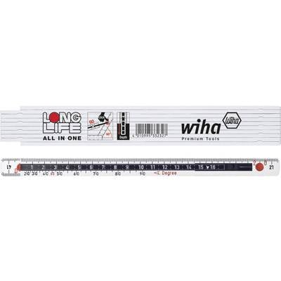 Klappmeter in Weiß mit roten Markierungen, das Logo 'Wiha' und Text 'Long Life All in One'. Zwei Skalen: cm/inch und Winkel.