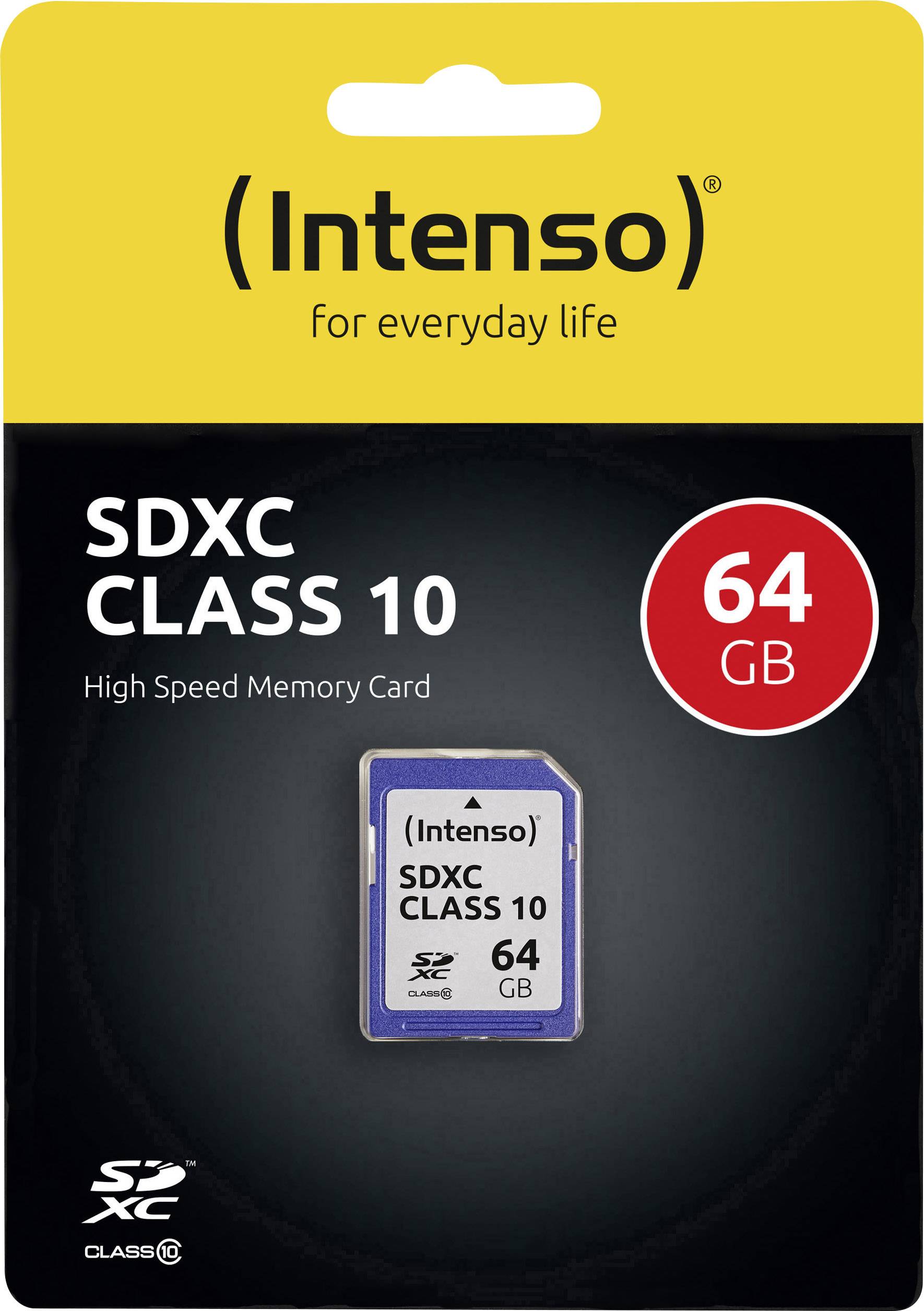 Intenso SDXC Class 10 Speicherkarte mit 64 GB Kapazität, geeignet für Hochgeschwindigkeitsanwendungen, abgebildet in der Verpackung.