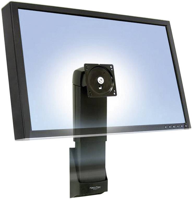 Flacher schwarzer Computermonitor auf einem neigbaren Standfuß vor blauem Hintergrund. Bildschirm zeigt kein spezifisches Bild.