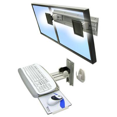 'Flexible Dual-Monitorhalterung mit zwei Bildschirmen, schwenkbar und höhenverstellbar. Tastatur und Maus unter den Monitoren auf ausziehbarem Regal montiert.'